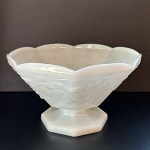 VTG 9” Milk Glass Footed Bowl Octagonal Shape Raised Grape & Leaf Pattern
